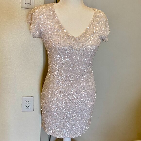 Theia Cap Sleeve White / Silver Sequin Dress Size 2 - Picture 4 of 9